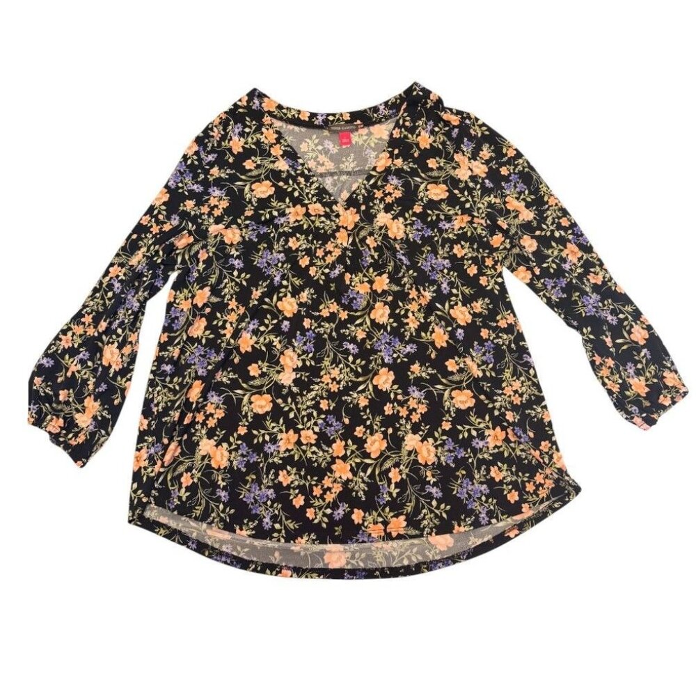 Vince Camuto Floral Print Womens Blouse L Black Multicolor Polyester 3/4 Sleeve - Picture 2 of 6